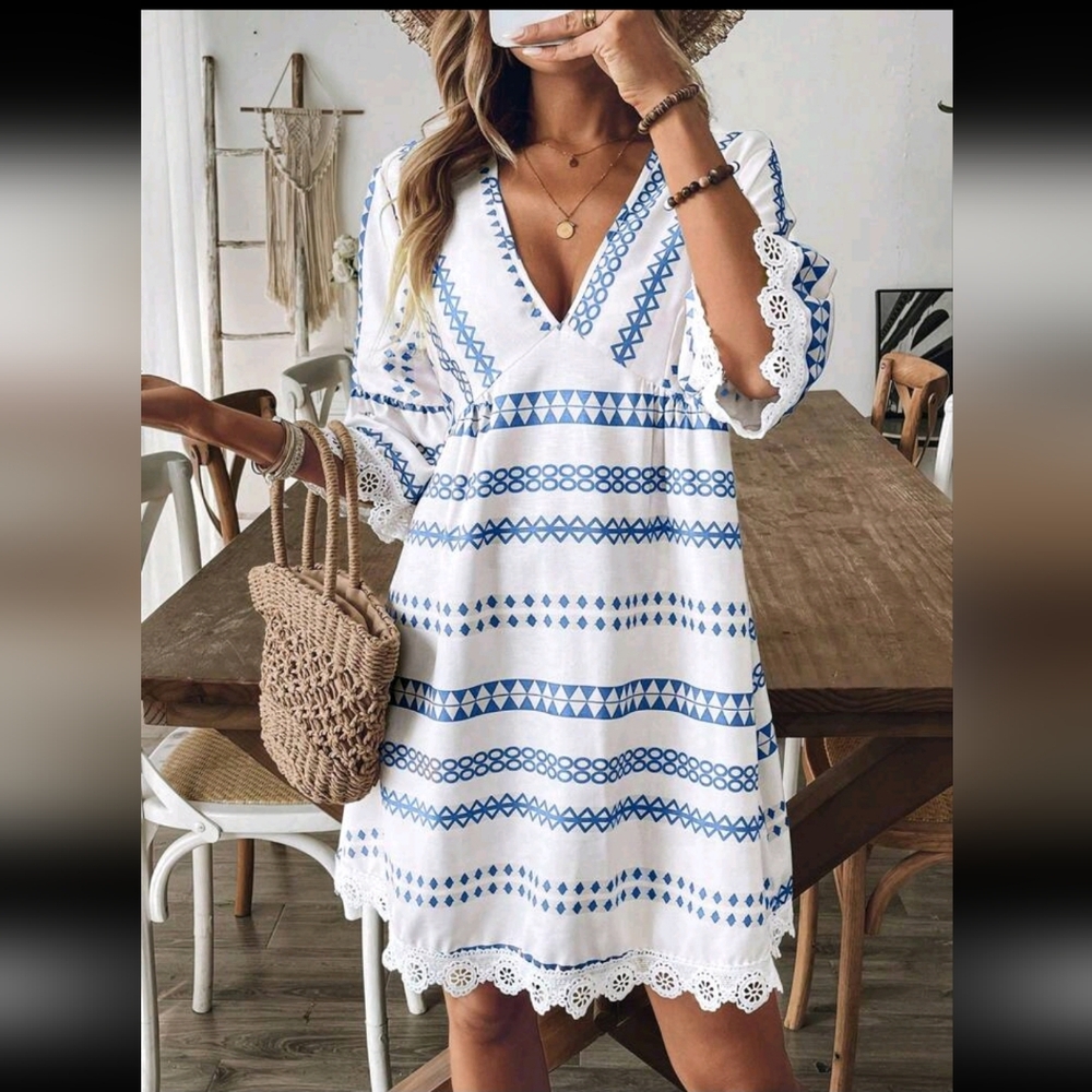 Breezaya V-Neck Boho Tunic Dress with Blue Geometric Print